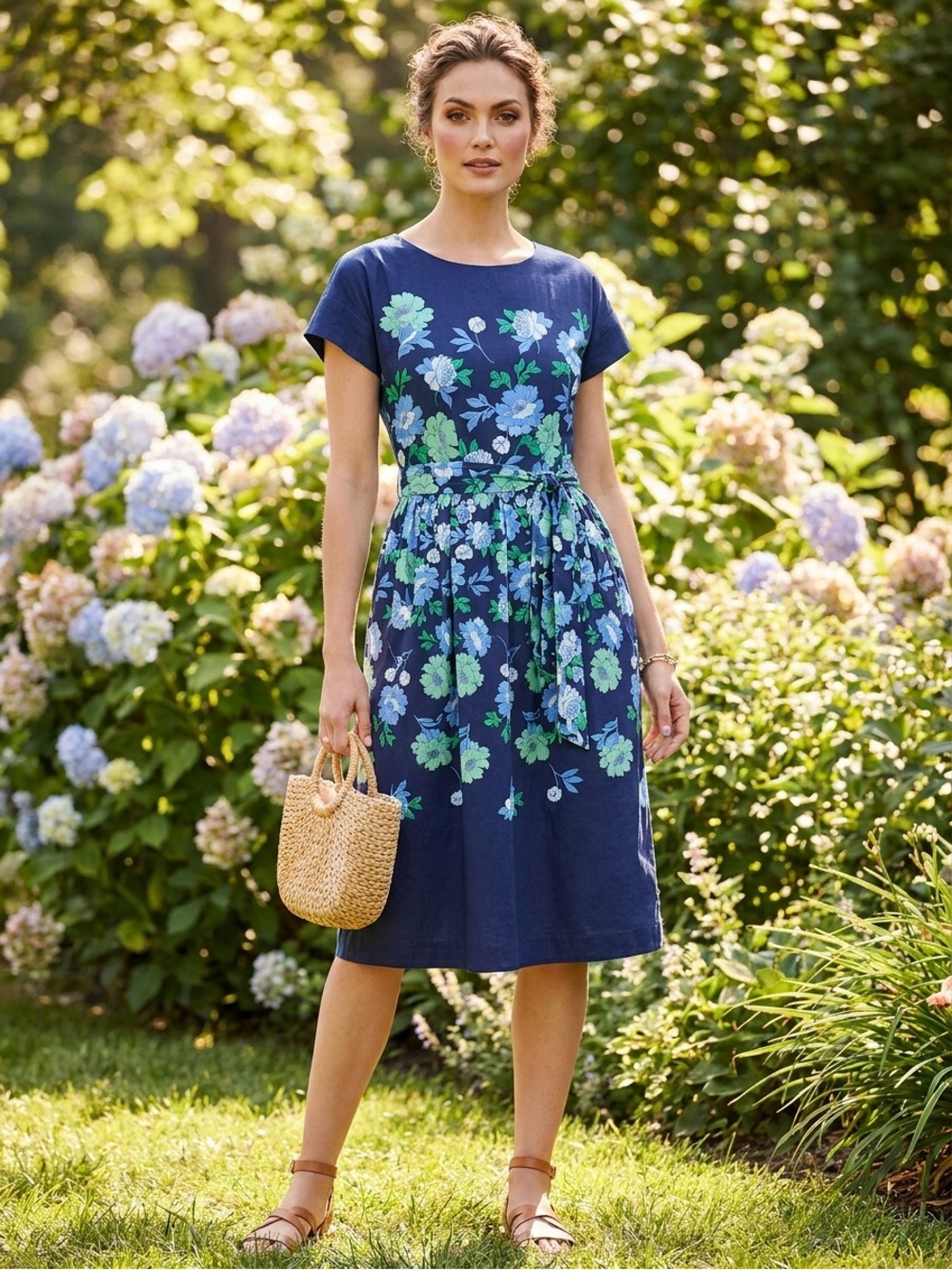 Talbots Navy Floral Tie-Waist Midi Dress